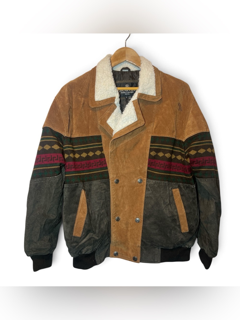 Oscar Piel Leather Jacket M Aztec Southwestern Sherpa Double Breasted Vintage
